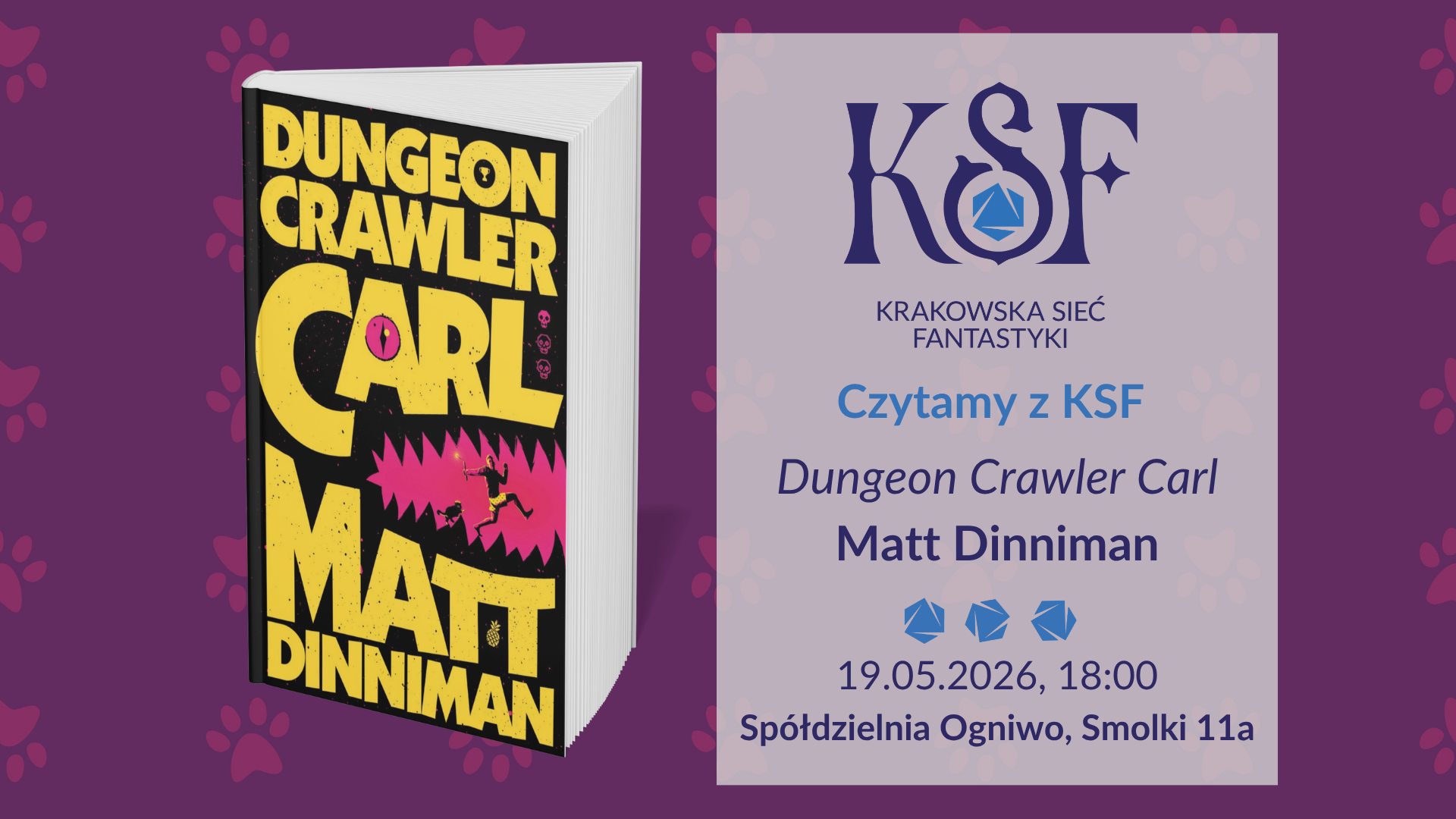 Obrazek przedstawia: okładkę książki Dungeon Crawler Carl - litery tytulu układają się w loch, z którego ucieka mężczyzna i kot.